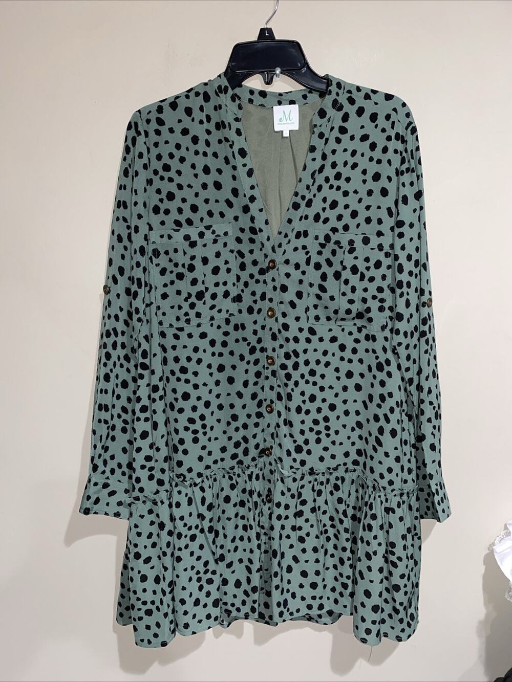 Mint Boutique Brand Green Leopard V Neck Drop-Waist Dress Babydoll Button Up Sm